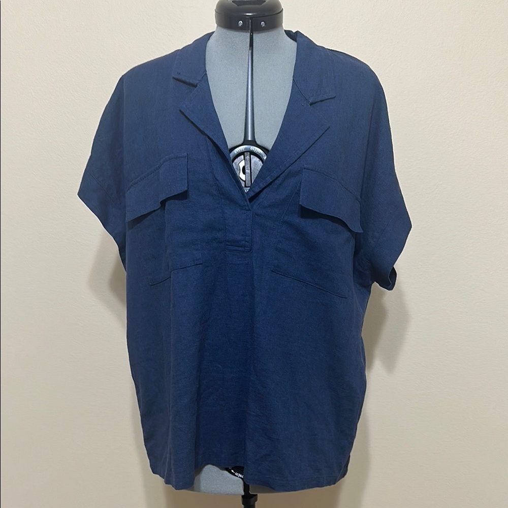 Cable & Gauge Studio Navy Blue Linen Blend Short Sleeve Pocket Blouse Medium